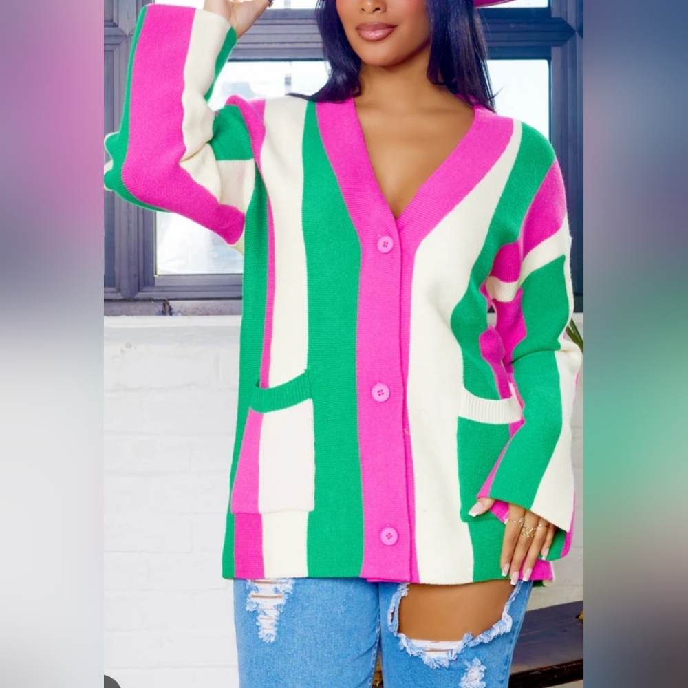 Retro Striped  Over-Sized Cardigan By Jascls  Pink /Green /Winter White NWT OS
